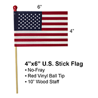 U.S. Stick Flag 4 in X 6 in No Fray 3/16 in X 10 in Wood Staff Plastic Red Ball Tip