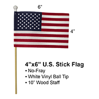 U.S. Stick Flag 4 in X 6 in No Fray 3/16 in X 10 in Wood Staff Plastic White Ball Tip