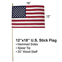 U.S. Stick Flag 12 in X 18 in Cotton Hemmed 3/8 in X 30 in Natural Wood Staff Gold Spear Tip