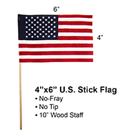 U.S. Stick Flag 4 in X 6 in Cotton No Sew 3/16 in X 10 in Natural Wood Staff No Tip