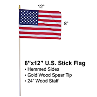 U.S. Stick Flag 8 in X 12 in Cotton Hemmed 5/16 in X 24 in Natural Wood Staff Gold Spear Tip