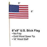 U.S. Stick Flag 6 in X 9 in Cotton No Sew 1/4 in X 18 in Natural Wood Staff Gold Spear Tip