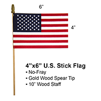 U.S. Stick Flag 4 in X 6 in Cotton No Sew 3/16 in X 10 in Natural Wood Staff Spear Tip
