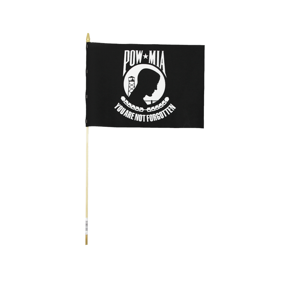 POW/MIA Stick Flag 4 in X 6 in Cotton No Sew 3/16 in X 10 in Natural Wood Staff Gold Spear Tip
