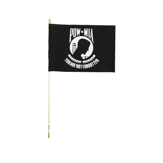 POW/MIA Stick Flag 4 in X 6 in Cotton No Sew 3/16 in X 10 in Natural Wood Staff Gold Spear Tip