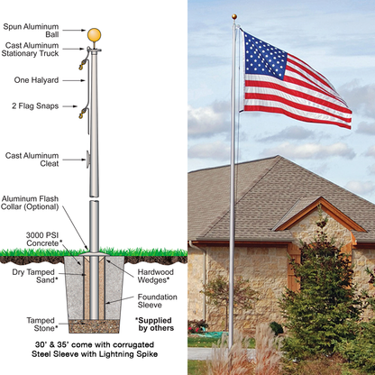 25 ft One Piece Satin 3 in Butt Diameter .125 Wall Tube and Base Special Budget Series Flagpole