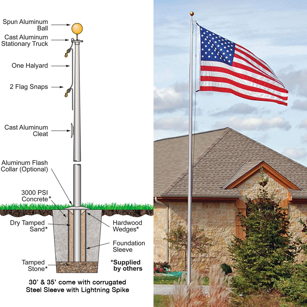 35 ft One Piece Satin 5 in Butt Diameter .156 Wall Tube and Base Special Budget Series Flagpole