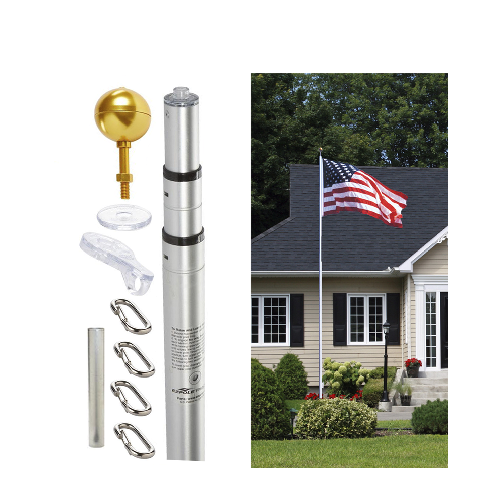 20 ft Four Piece Silver Aluminum Telescoping Flagpole - Gold Anodized Aluminum Ball Ground Sleeve