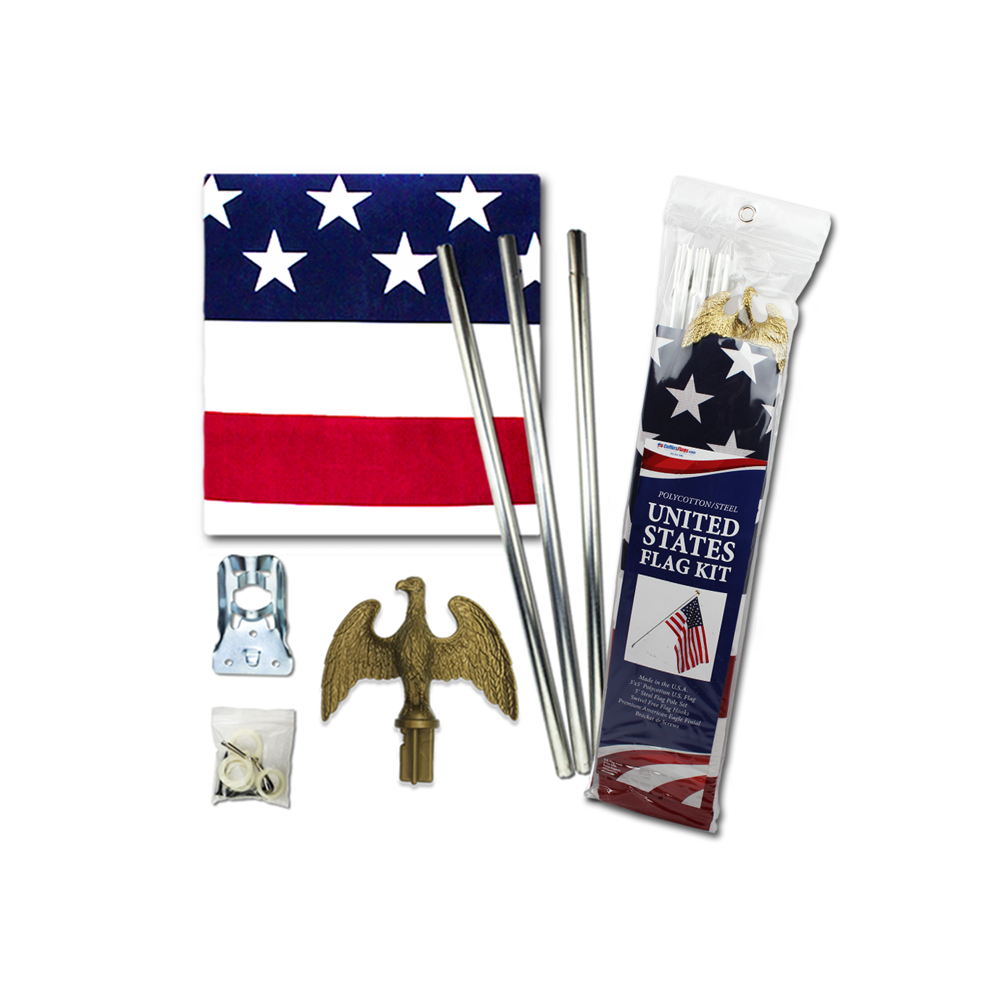 3 X 5 Outdoor Steel Flagpole Set - Plastic Eagle Mounting Bracket Fasteners Printed Flag